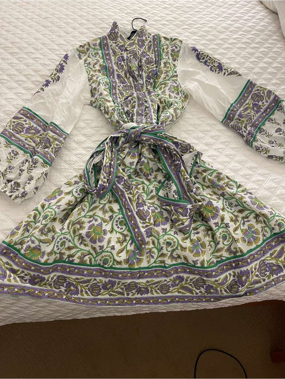 Floral Print Mini Dress with Tie Waist - White, Green & Purple